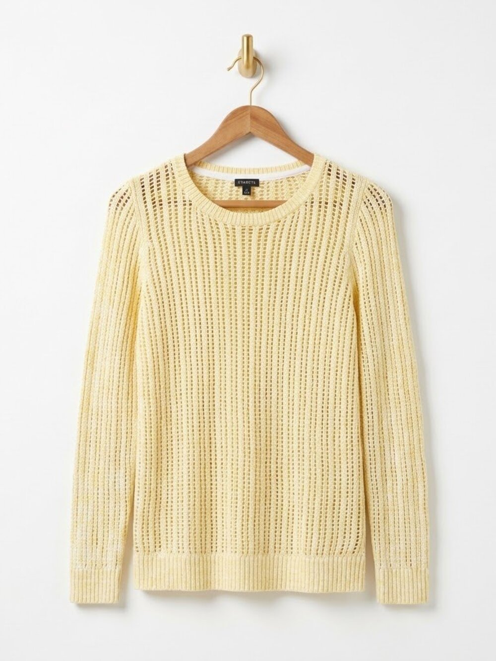 Pastel Butter Yellow Open Knit Sweater Size Small Crewneck Pullover Coastal